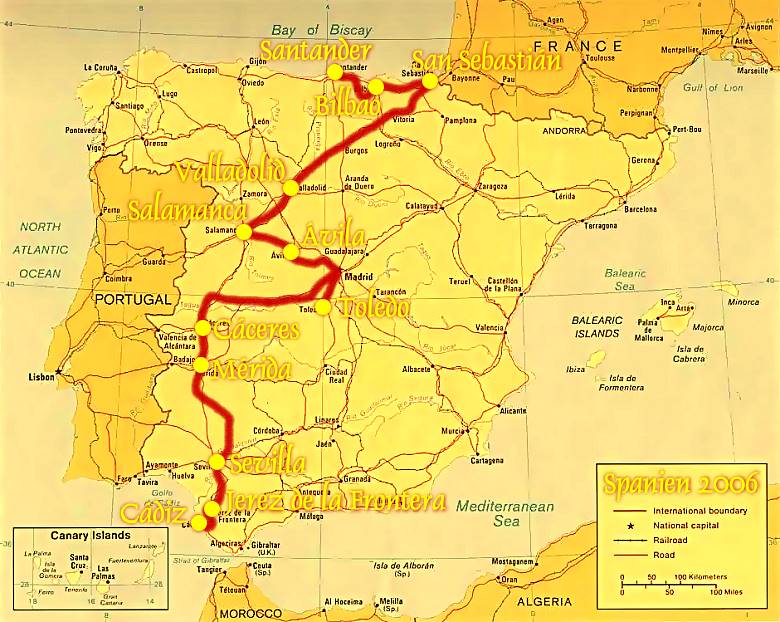 Die Route: Santander - Bilbao - San Sebastián - Valladolid - Salamanca - Ávila - Toldeo - Cáceres - Mérida - Sevilla - Cádiz - Jerez de la Frontera